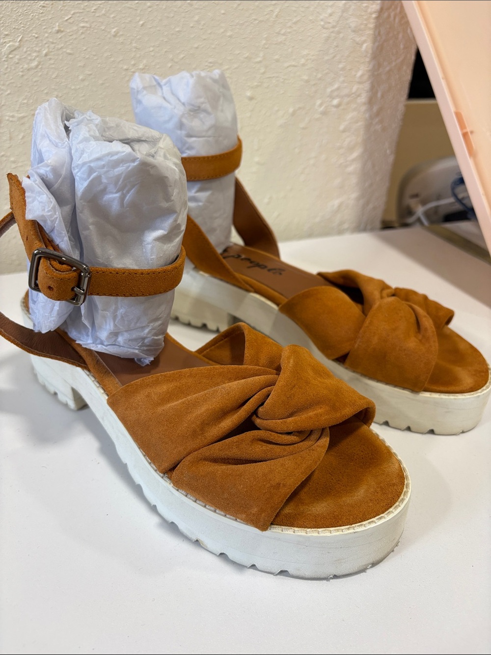 Free People Twisted Suede Ankle-Strap Platform Sandals - Rust Brown